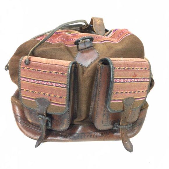 Genuine Leather Rainbow Woven Natural Dyes Textile Backpack Made in Bolivia BOHO - Picture 3 of 16